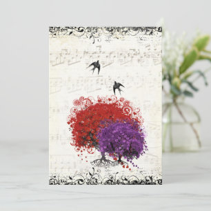 Invitación Corazón Musical Hoja Roja Árbol Vintage Aves Boda