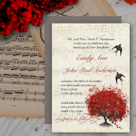 Invitación Corazón Musical Hoja Roja Árbol Vintage Pájaros Bo