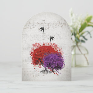 Invitación Corazón Musical Hoja Roja Púrpura Árbol Pájaros Bo