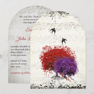 Invitación Corazón Musical Hoja Rojo Árbol Vintage Aves Boda