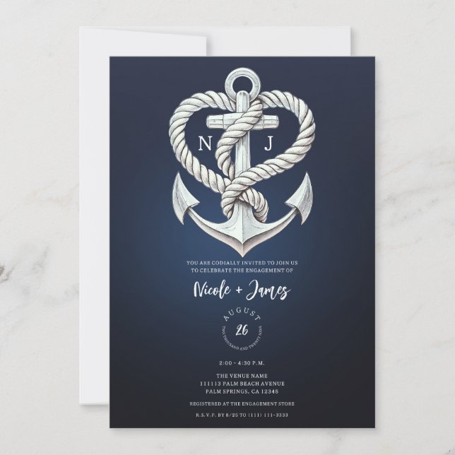 Invitación Corazón Náutico Cuerda Ancla Costera Marina Compro (Anverso)