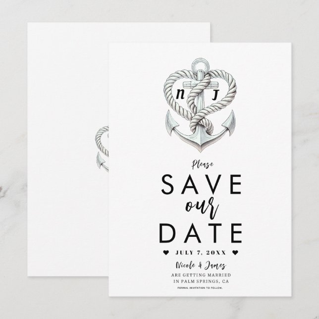 Invitación Corazón Náutico Cuerda Ancla Costera Salva la Fech (Anverso / Reverso)