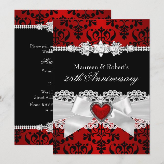 Invitación Corazón negro rojo de Damasco con 25 años (Anverso / Reverso)