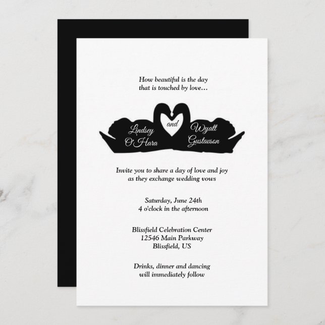 Invitación Corazón negro y blanco y cisnes Boda moderna minim (Anverso / Reverso)