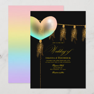 Invitación Corazón Nupcial Irisado Negro y Dorado