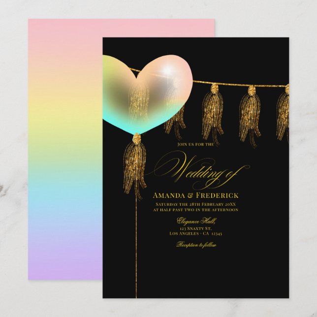 Invitación Corazón Nupcial Irisado Negro y Dorado (Anverso / Reverso)