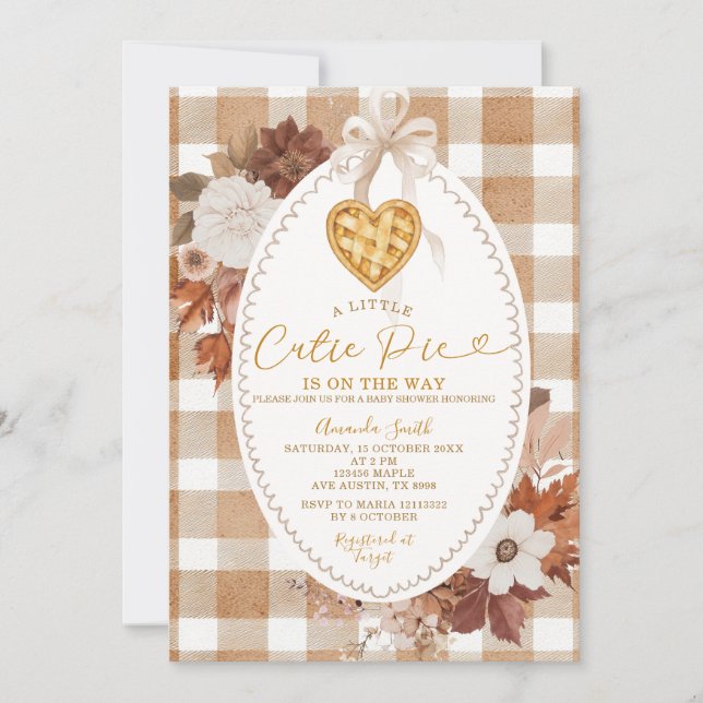 Invitación Corazón Pequeño Pastelito Marrón Gingham Baby Show (Anverso)