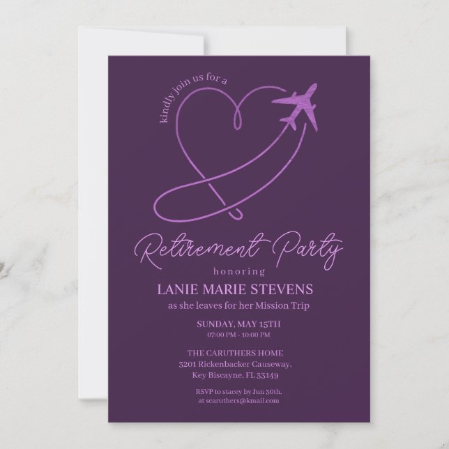 Invitación Corazón Púrpura Simple Fiesta de Jubilación Simple (Anverso)
