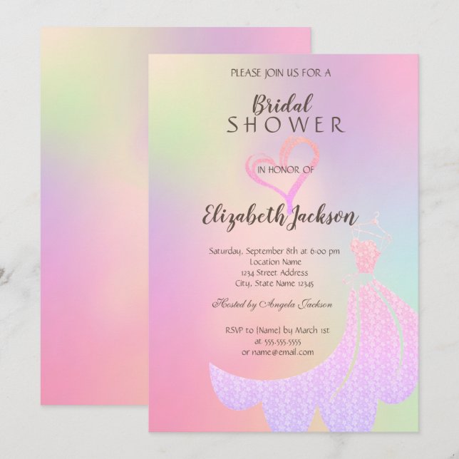 Invitación Corazón purpurina, ducha holográfica de novia con  (Anverso / Reverso)