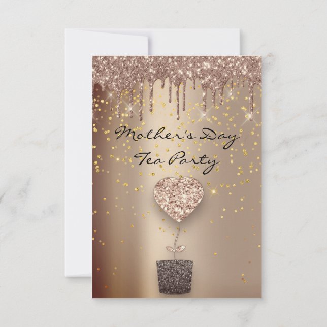 Invitación Corazón Purpurina Goteo Rosa Día de la Madre Té Pa (Reverso)