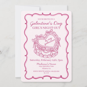 Invitación Corazón Retro de Lazo Rosa Torta Coquette Galentin