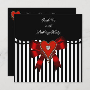 Invitación Corazón Rojo Black Stripe Bow Birthday Party