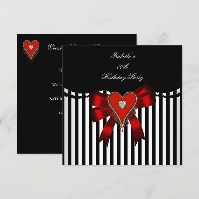 Invitación Corazón Rojo Blanco Raya Lazo Fiesta de Cumpleaños (Anverso / Reverso)