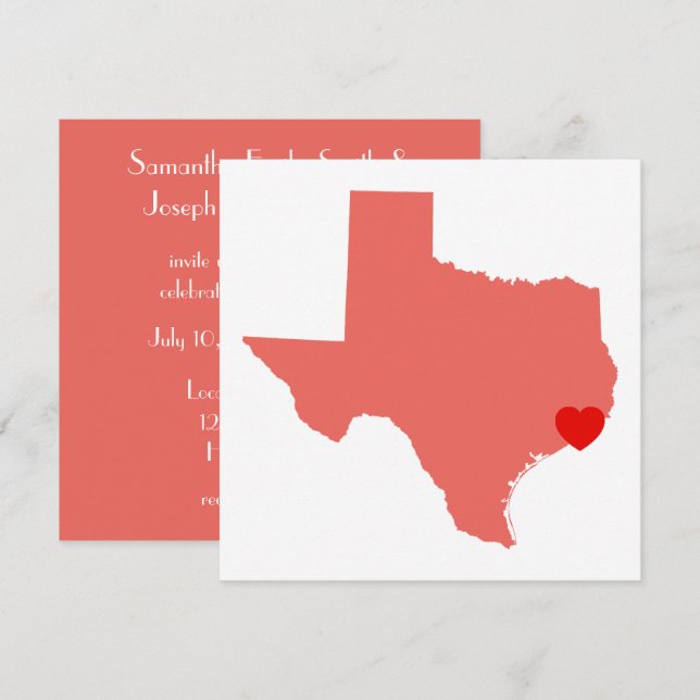 Invitación Corazón Rojo Boda Coral Texas (Anverso / Reverso)