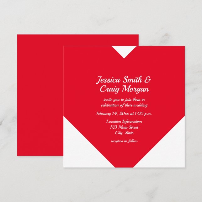 Invitación Corazón Rojo Brillante Boda de San Valentín (Anverso / Reverso)