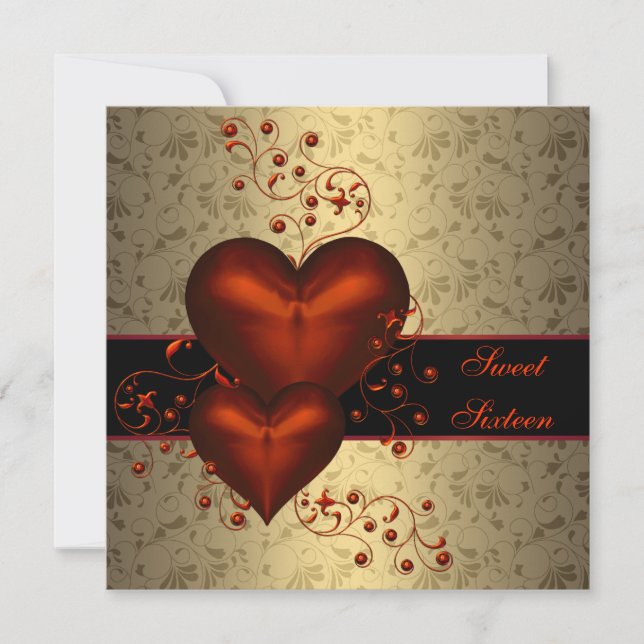 Invitación Corazón Rojo Damasco Elegante Cumpleaños Dieciséis (Anverso)