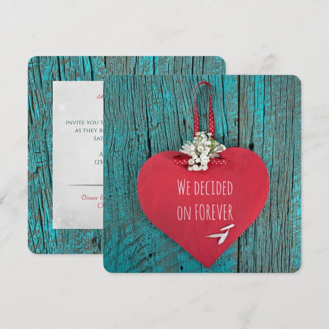 Invitación corazón rojo en boda de madera turquesa (Anverso / Reverso)