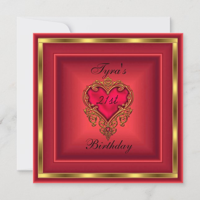 Invitación Corazón Rojo Joya Dorada Elegante Fiesta de Cumple (Anverso)