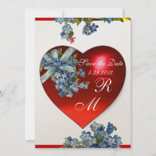 Invitación CORAZÓN ROJO & NO ME OLVIDES MONOGRAMA Azul Blanco