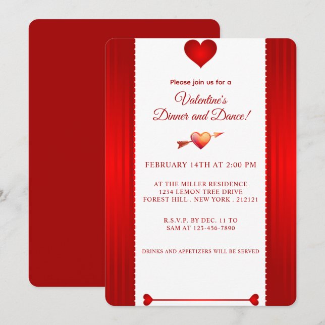 Invitación Corazón Rojo Romántico el día de San Valentín (Anverso / Reverso)
