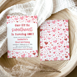 Invitación Corazón Rojo Rosa Pequeño Querido Primer Cumpleaño