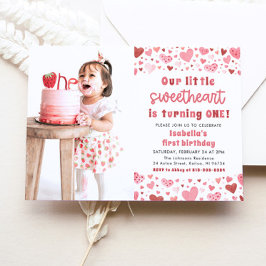 Invitación Corazón Rojo Rosa Pequeño Querido Primer Cumpleaño