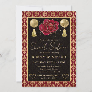 Invitación Corazón Rojo y Dorado Damask y Rosa Sweet 16