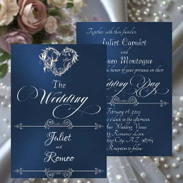 Invitación Corazón Romántico & Caligrafía en Azul - Boda