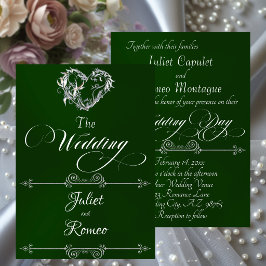 Invitación Corazón Romántico & Caligrafía en Esmeralda - Boda