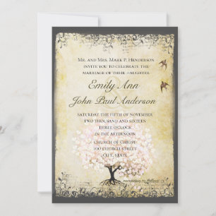 Invitación Corazón Romántico Hoja Rosa Árbol Amor Pájaro Boda