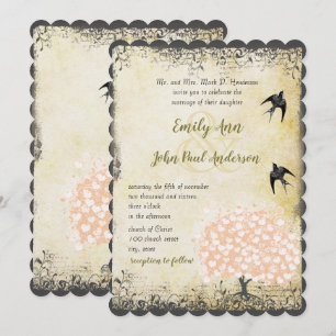Invitación Corazón Romántico Hoja Rosa Árbol Amor Pájaro Boda