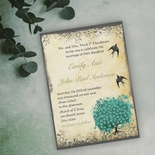 Invitación Corazón Romántico Hoja Verde Árbol Amor Pájaro Bod