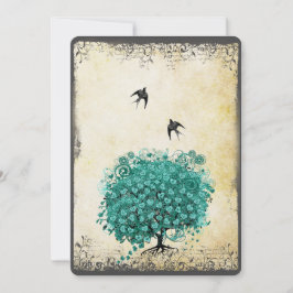 Invitación Corazón Romántico Hoja Verde Azul Claro Árbol Pája