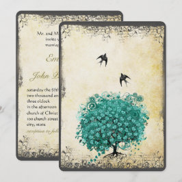 Invitación Corazón Romántico Hoja Verde Azul Claro Árbol Pája