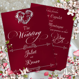 Invitación Corazón romántico y caligrafía en burdeos - Boda