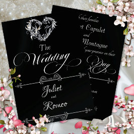 Invitación Corazón Romántico y Caligrafía en Negro - Boda