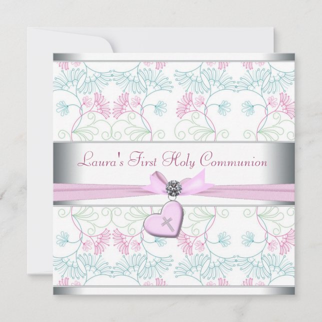 Invitación Corazón Rosa Azul Turquesa Blanco Cruz Primera Com (Anverso)