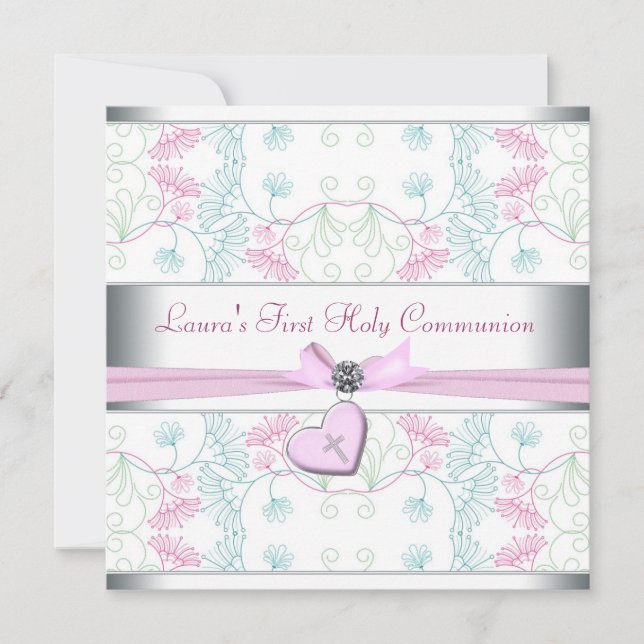 Invitación Corazón Rosa Azul Turquesa Blanco Cruz Primera Com (Anverso)