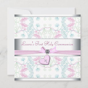 Invitación Corazón Rosa Azul Turquesa Blanco Cruz Primera Com