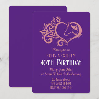 Invitación Corazón rosa, caballo y Chica, elegante, cumpleaño
