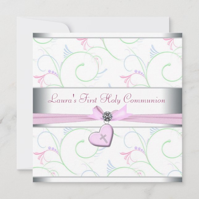 Invitación Corazón Rosa Lavanda Cruz Rosa Primera Comunión (Anverso)