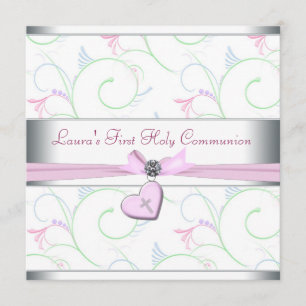 Invitación Corazón Rosa Lavanda Cruz Rosa Primera Comunión