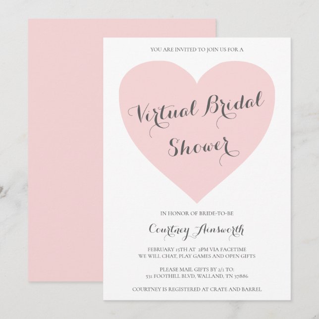 Invitación Corazón rosa pastel de ducha de novia virtual (Anverso / Reverso)