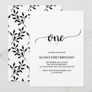 Invitación Corazón rosa Primer cumpleaños de la caligrafía