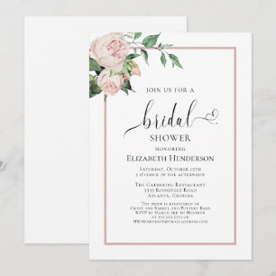 Invitación Corazón Rosa Rubor Script Floral Ducha Nupcial