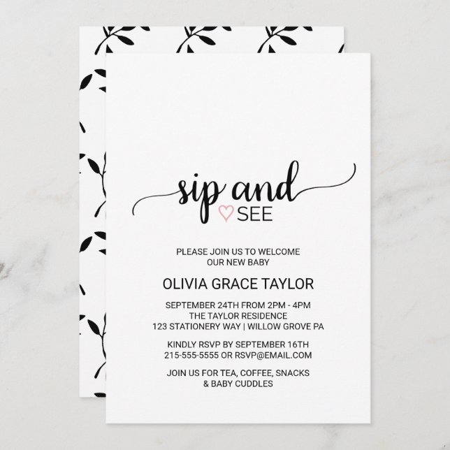 Invitación Corazón rosa | Sencilla caligrafía negra Sip y See (Anverso / Reverso)