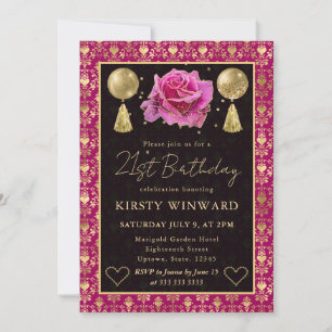 Invitación Corazón Rosa y Dorado Damasco y Rosa Cumpleaños 21