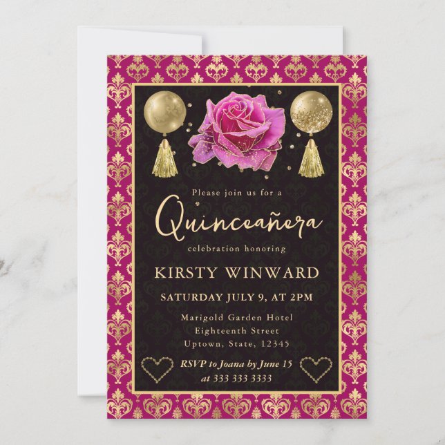 Invitación Corazón Rosa y Dorado Damask y Rosa Dulces 16 (Anverso)