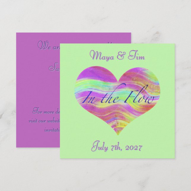 Invitación Corazón rosa y verde Ahorra la fecha (Anverso / Reverso)