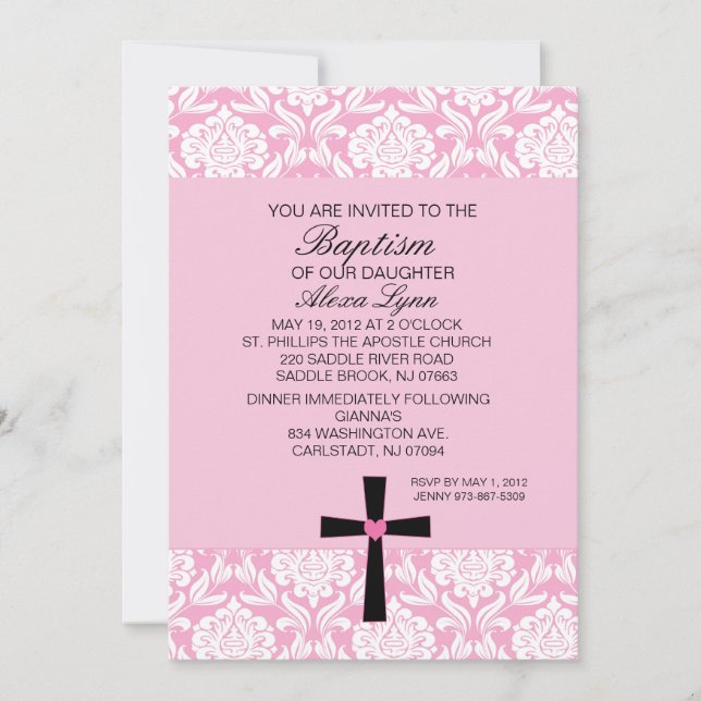 Invitación Corazón rosado BaptismInvitation del damasco (Anverso)